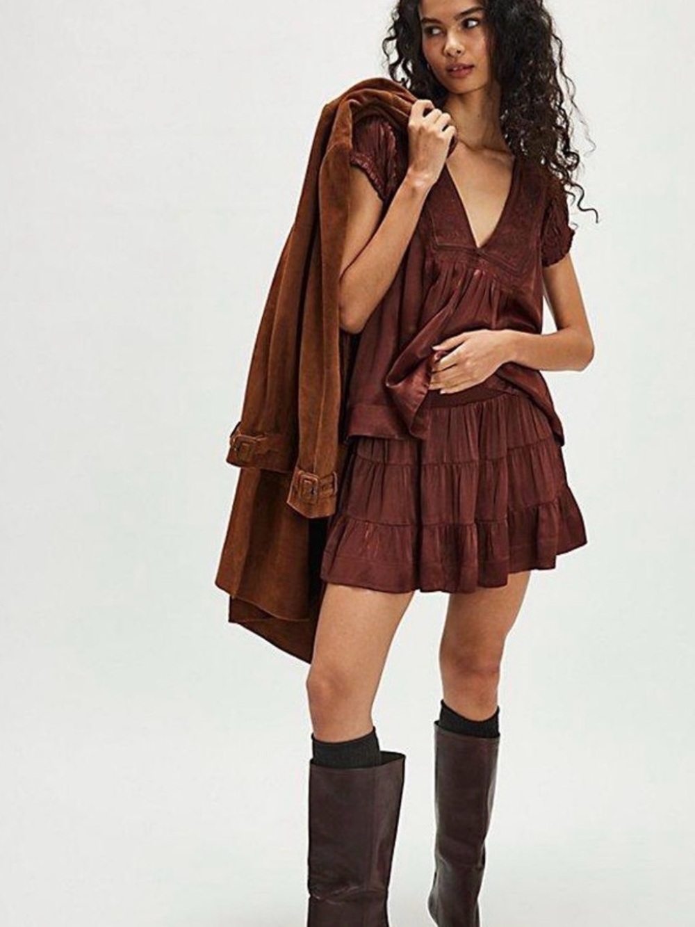 Free People Rivington Skirt Set Brown Sz S Embroidered Cottage Peasant Boho NWT